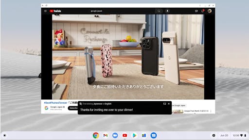 Live captions being translated from Chinese to English while a video plays.